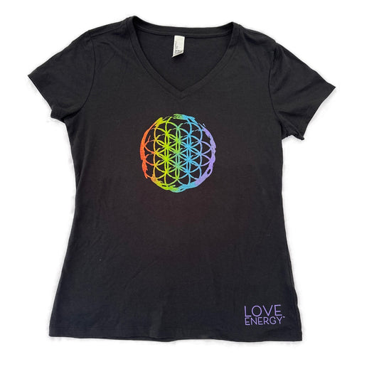 Rainbow One Flower of Life V-neck Black T-shirt