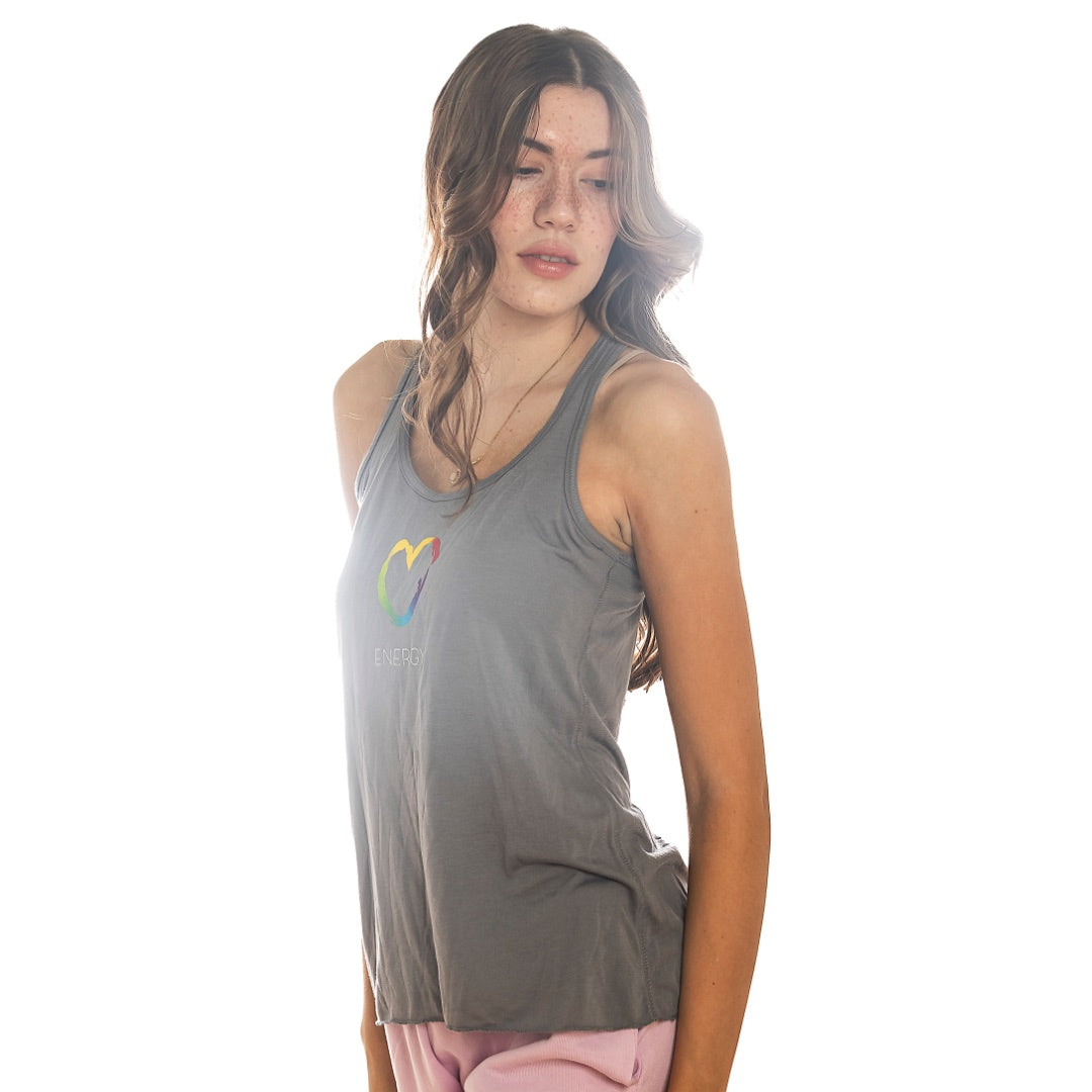Rainbow Heart Storm Grey Flowy Racer-Back Tank Top