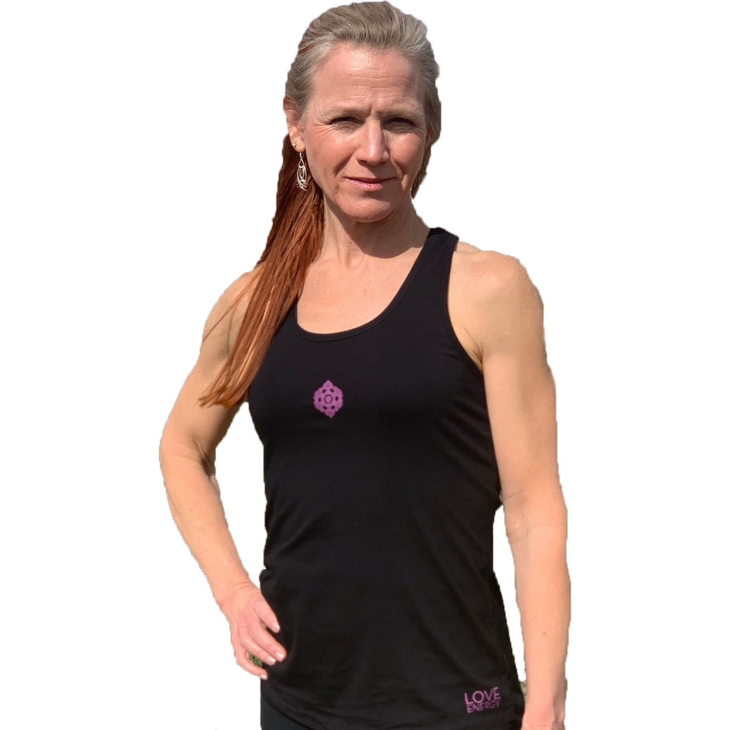 Fuchsia Sacred Flower Black Racer Back Tank